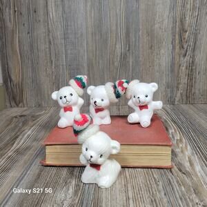 4 Vintage Christmas Santa Bears, White with Red & Green Stocking Caps
